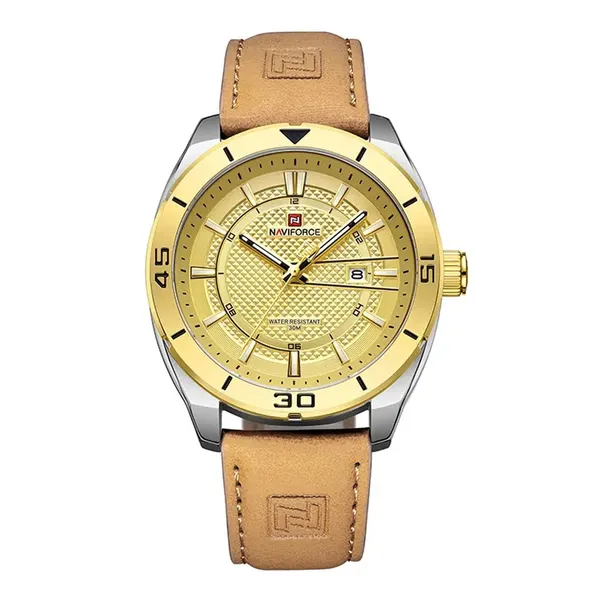 NAVIFORCE NF9209 Military Sports Luminous Men’s Watch – Dial Color: Gold, Strap Color:  Brown  – View 1