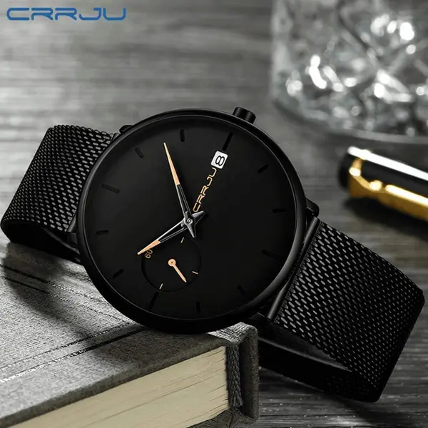 CRRJU 2258 Effortless Sophistication High Quality Black Stainless Steel Simple Casual Men's Watch – Dial Color: Orange, Strap Color: Black – View 2