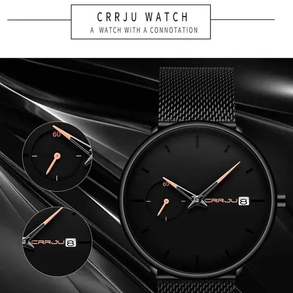 CRRJU 2258 Effortless Sophistication High Quality Black Stainless Steel Simple Casual Men's Watch – Dial Color: Orange, Strap Color: Black – View 3