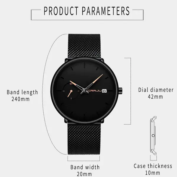 CRRJU 2258 Effortless Sophistication High Quality Black Stainless Steel Simple Casual Men's Watch – Dial Color: Orange, Strap Color: Black – View 4