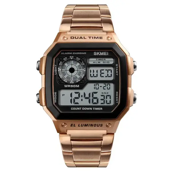 SKMEI 1335 Digital Multifunctional Stainless Steel Sporty Men's Watch – Dial Color: Black, Strap Color: Rose – View 1