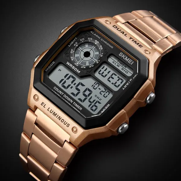 SKMEI 1335 Digital Multifunctional Stainless Steel Sporty Men's Watch – Dial Color: Black, Strap Color: Rose – View 2