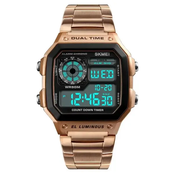 SKMEI 1335 Digital Multifunctional Stainless Steel Sporty Men's Watch – Dial Color: Black, Strap Color: Rose – View 3