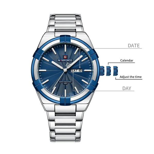 NAVIFORCE NF9218 Waterproof Stainless Steel Men's Watch – Dial Color: Blue, Strap Color: Silver – View 4