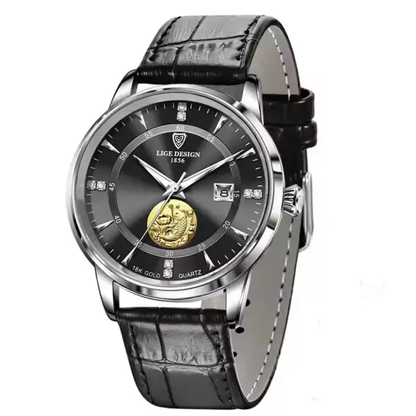 LIGE 10050 Exclusive Analog Goldfish Leather Strap Luxury Men's Watch – View 1