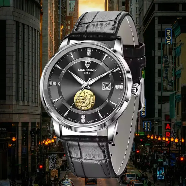 LIGE 10050 Exclusive Analog Goldfish Leather Strap Luxury Men's Watch – View 3