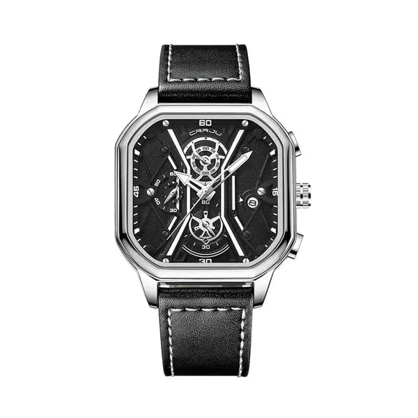 CRRJU 2313 Comfortable Genuine Leather Strap Multifunctional Chronograph Casual Men's Watch – Dial Color: Silver, Strap Color: Black – View 1