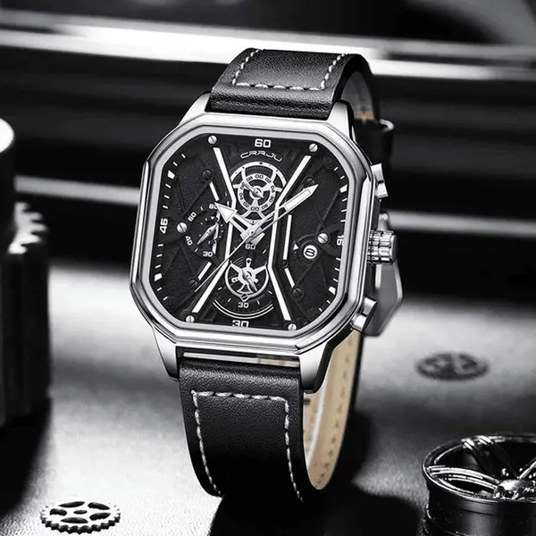CRRJU 2313 Comfortable Genuine Leather Strap Multifunctional Chronograph Casual Men's Watch – Dial Color: Silver, Strap Color: Black – View 3