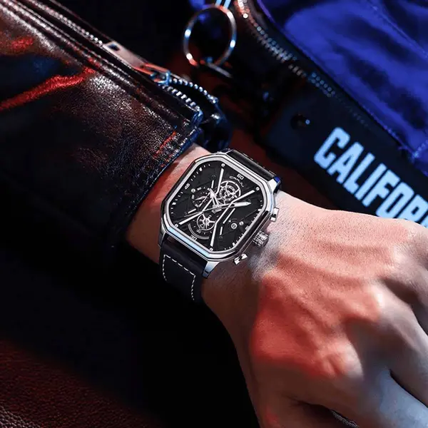 CRRJU 2313 Comfortable Genuine Leather Strap Multifunctional Chronograph Casual Men's Watch – Dial Color: Silver, Strap Color: Black – View 4