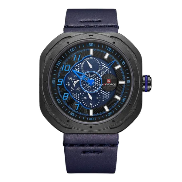 Naviforce NF9141 Rounded Square Quartz Leather Strap Men's Watch – Dial Color: Blue, Strap Color: Blue – View 1