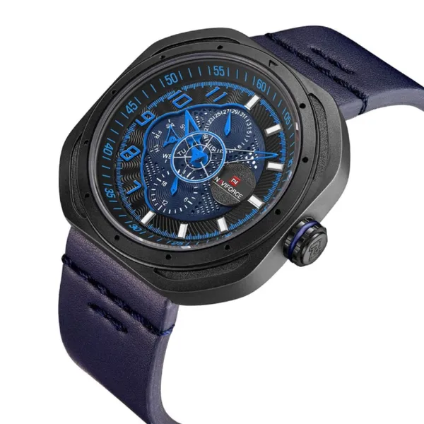 Naviforce NF9141 Rounded Square Quartz Leather Strap Men's Watch – Dial Color: Blue, Strap Color: Blue – View 2