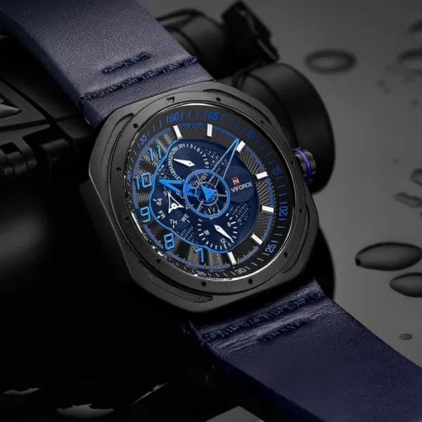 Naviforce NF9141 Rounded Square Quartz Leather Strap Men's Watch – Dial Color: Blue, Strap Color: Blue – View 4