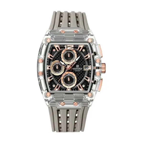 Naviforce NF7105 Comfortable Silicone Strap Multifunctional Chronograph Sports Men's Watch – Dial Color: Rose, Strap Color: Grey – View 1
