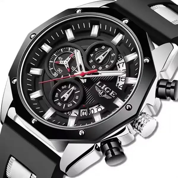 LIGE 8908 Analog Movement Premium Silicone Strap Men's Sports Watch – Dial Color: Silver, Strap Color: Black – View 1