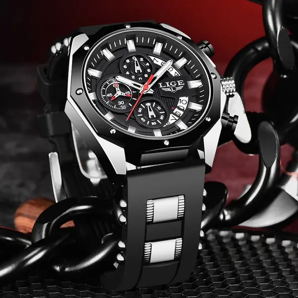 LIGE 8908 Analog Movement Premium Silicone Strap Men's Sports Watch – Dial Color: Silver, Strap Color: Black – View 2