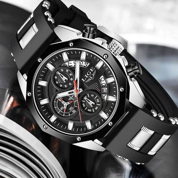 LIGE 8908 Analog Movement Premium Silicone Strap Men's Sports Watch – Dial Color: Silver, Strap Color: Black – View 3